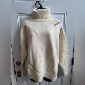 Michael Kors Wool Cream Turtleneck Sweater with Distressed Details